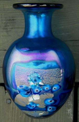 Fine Signed Robert Held Iridescent Metallic Turquiose Art Glass Vase 6.  5 "