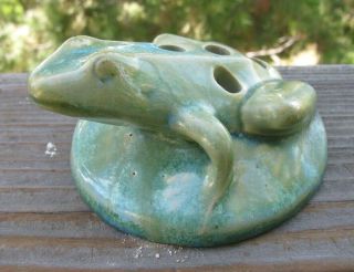 Vintage Fulper Pottery Figural Flower Frog,  Green Blue Crystalline Glaze