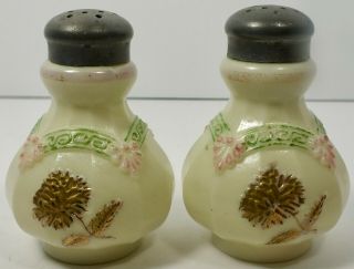 Antique Northwood Vaseline/ Custard Glass Crysanthemum Sprig Salt Pepper Shakers