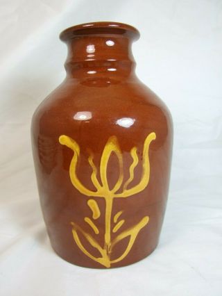 Vintage Breininger Redware Pottery Large Vase W Yellow Floral 1984