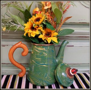 Rare Mackenzie Childs Vintage Enamelware Teapot W/ Lid Green Swirl