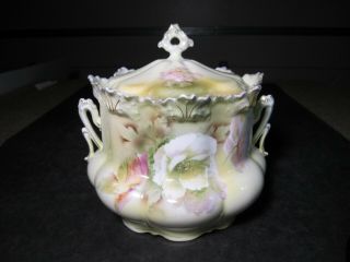 Old Ornate Large Rs Prussia Red Mark Porcelain 2 Handled Biscuit Jar With Lid