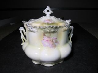 Old Ornate Large RS Prussia Red Mark Porcelain 2 Handled Biscuit Jar With Lid 2