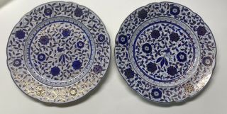 2 Antique Cobalt Blue & Gold Porcelain Plates Floral Bird Royal Vienna
