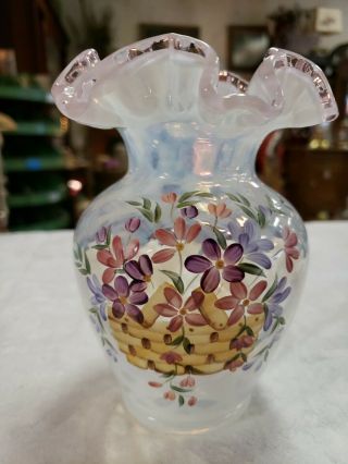 Fenton Longaberger Basket Pink Crest Optic Diamond Vase 2002 Signed Hand Painted