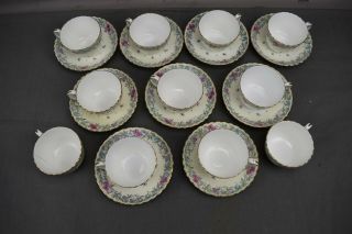 Vtg Minton Printemps Teacups Saucers Floral Pink Blue Bone China England set 11 2