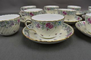 Vtg Minton Printemps Teacups Saucers Floral Pink Blue Bone China England set 11 3