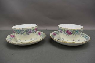 Vtg Minton Printemps Teacups Saucers Floral Pink Blue Bone China England set 11 4