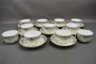 Vtg Minton Printemps Teacups Saucers Floral Pink Blue Bone China England set 11 5