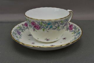 Vtg Minton Printemps Teacups Saucers Floral Pink Blue Bone China England set 11 6