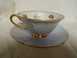 Vtg Shelley England China Oleander Shaped Small Roses Blue Cup And Saucer