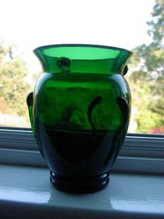 Vintage Art Glass Green Vase With Applied Tadpoles & Raspberry Prunts