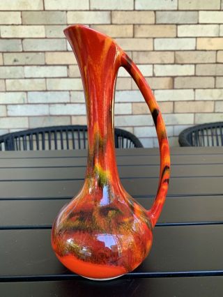 Vintage Ceramic Pottery Mid Century Ewer Pitcher Vase Red Glaze