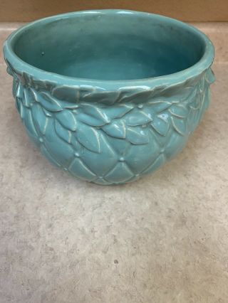 Vintage Large Mccoy Pottery Planter Pot Urn Light Blueish Green Quilted Leaf