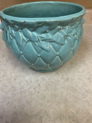 Vintage Large McCoy Pottery Planter Pot Urn Light Blueish Green Quilted Leaf 3