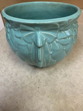 Vintage Large McCoy Pottery Planter Pot Urn Light Blueish Green Quilted Leaf 4