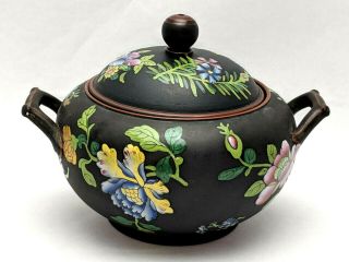 Wedgwood Black Basalt Famille Rose Capriware Pottery Sugar Bowl With Lid