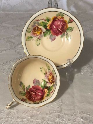 Stunning Cream Paragon Cup And Saucer Large Pink Cabbage And Yellow Roses Double