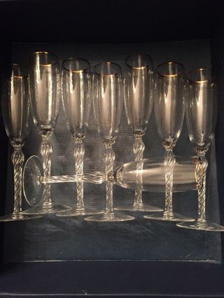 Set Of 8 Signed 6 Oz Vintage Lenox Crystal Monroe Gold Trim Flute Champagne 9 "