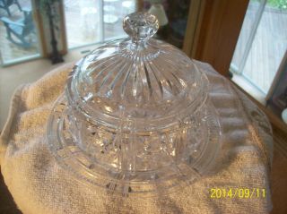 Vintage Round Clear Cut Crystal Hobstar & Rosette Glass Covered Butter Dish