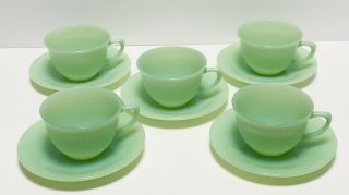 Vintage Jadite Green Fire King Oven Ware 5 Cups And 5 Saucers Set