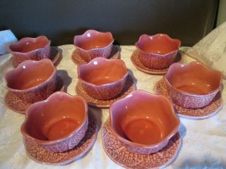 Vintage Set Of 8 Pink Cabbage Leaf Soup Bowls 5 " W X 3 " D Under Plates 6 " Portugal