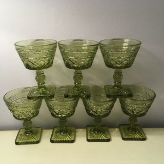 Set Of 7 Vintage Imperial Glass Cape Cod Green Champagne Glasses Tall Sherbets