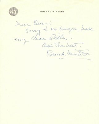 Roland Winters=signed Letter On His Custom Stationery (re: Charlie Chan)