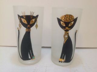 Vintage Mid Century Black Cat Drinking Glasses Set Of 2 Frosted Glass Tumblers