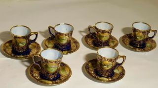 6 Hand Painted NIPPON Gold Cobalt Blue Cups Saucers for Chocolate Pot Porcelain 3