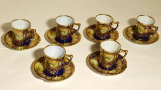 6 Hand Painted NIPPON Gold Cobalt Blue Cups Saucers for Chocolate Pot Porcelain 4