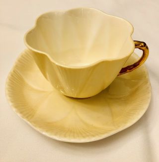 Shelley Dainty Butter Yellow Gold Handle Vintage Teacup & Saucer Fine Bone China