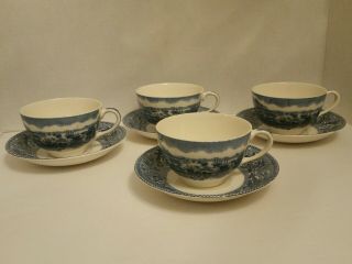 4 Johnson Brothers Historic America Blue Cups & Saucers San Francisco Gold Rush
