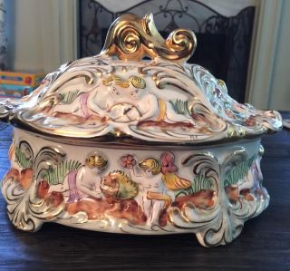 Rare Vintage Elpa Alcobaca,  Hand Painted,  Cherub Covered Dish With Lid