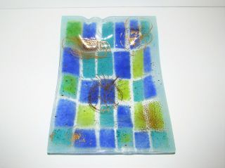 Signed Mid - Century Modern Higgins Fused Art Glass Ashtray Bowl Blue Green 368