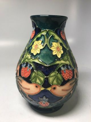Moorcroft Pottery England Strawberry & Birds Vase 1995