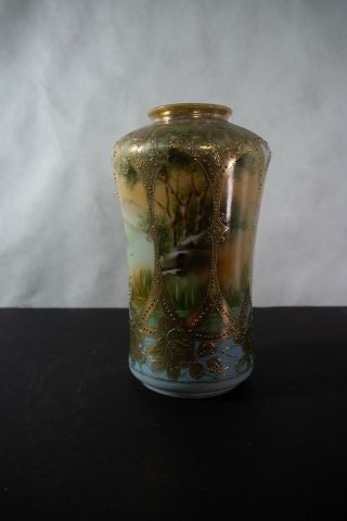 Hand Painted Nippon Vase With Gold Gild - Work Over Water Scene.