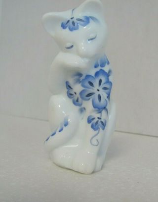 Fenton Glass Cat White Satin Grooming Hand Painted Blue Flowers 100 Yrs Signed
