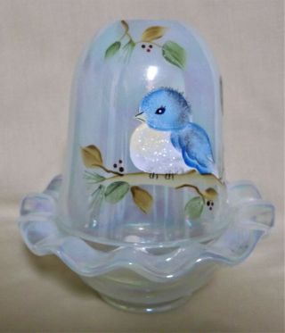 Fenton Art Glass Fairy Light,  French Opalescent,  Nib,  Handpainted - D.  Robinson,