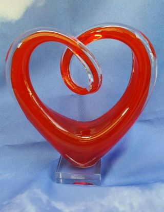 Murano Modern Red Art Glass Heart Sculpture/figurine With Clear Base,