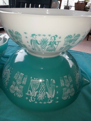 Set 4 Pyrex Amish Butterprint Cinderella Nesting Mixing Bowl Turquoise Bl/gr 2