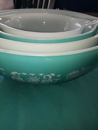 Set 4 Pyrex Amish Butterprint Cinderella Nesting Mixing Bowl Turquoise Bl/gr 5