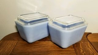 Rare Pyrex - Delphite Blue - Small Refrigerator Set Of 2 Dishes W/lid - 1950s