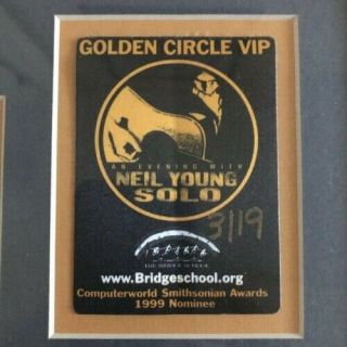Neil Young Guitar Pick/Ticket Stub/VIP Sticker from 1999 Solo Tour Framed 3