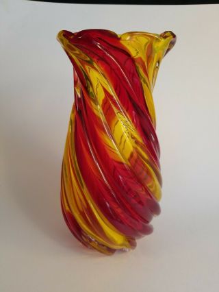 Murano Art Glass Vase Red & Yellow Ribbed Twist Design Blown Glass Lg.  10 "