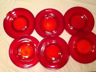 (6) Vintage Depression Ruby Red Glass Dinner Plates,  8 " Round