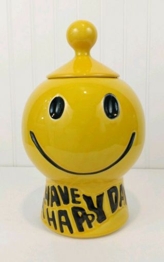 Vintage Mccoy Pottery Have A Happy Day Yellow Smiley Face Cookie Jar 235 Usa