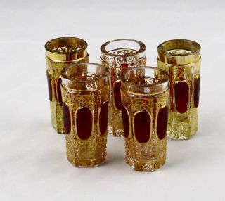 5 Antique Moser Art Glass Ruby Red Cabochon & Gold Gilt Cordial Shot Glasses