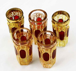 5 Antique Moser Art Glass Ruby Red Cabochon & Gold Gilt Cordial Shot Glasses 2