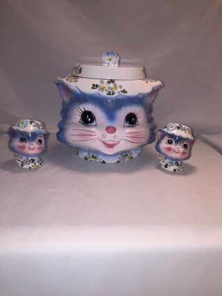 Vintage Lefton Miss Priss Kitty Cat Head Cookie Jar Ceramic Japan & Salt Pepper